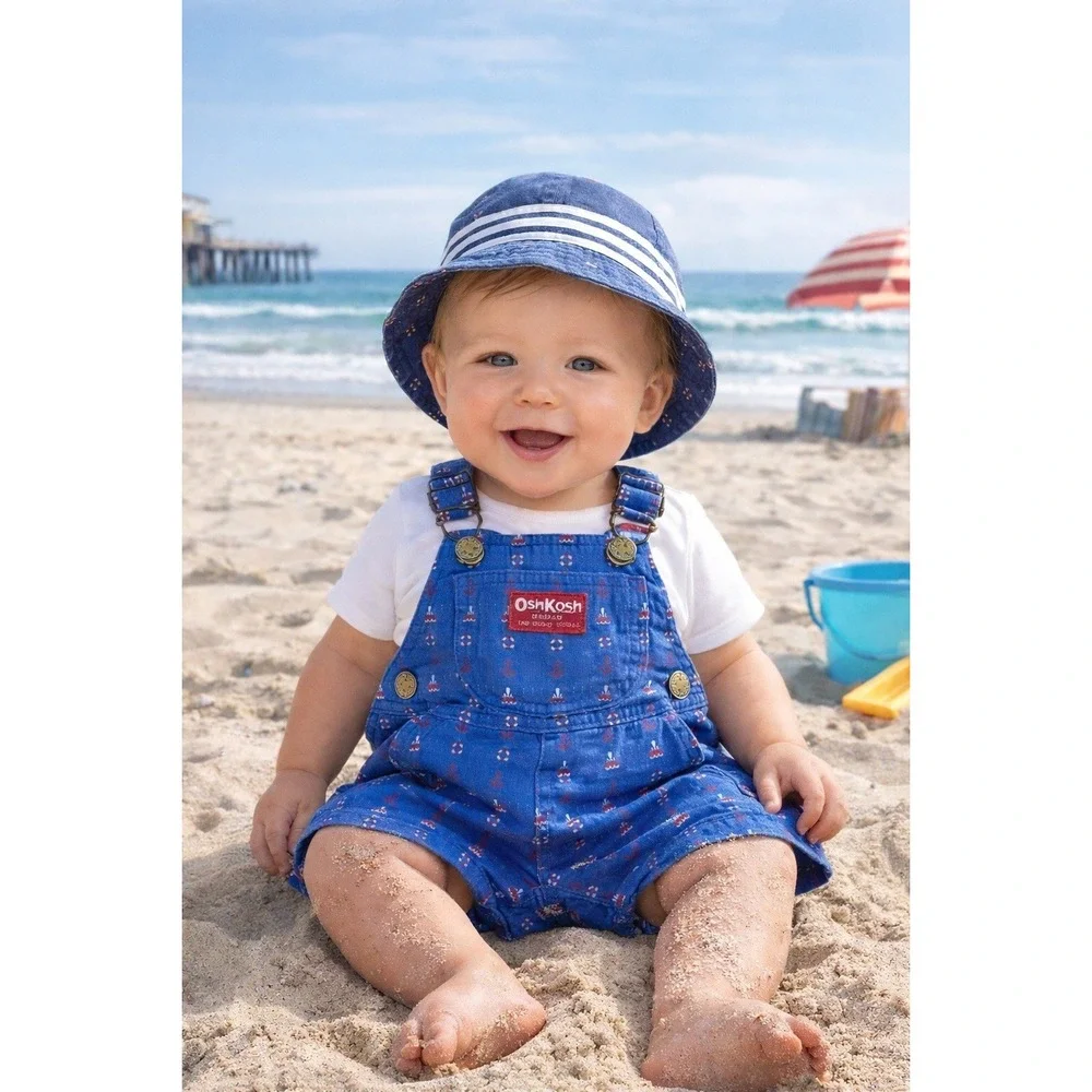 Vintage OshKosh B'gosh Sailor‎ Nautical Shortalls 6-9 Mos Romper Vestback USA